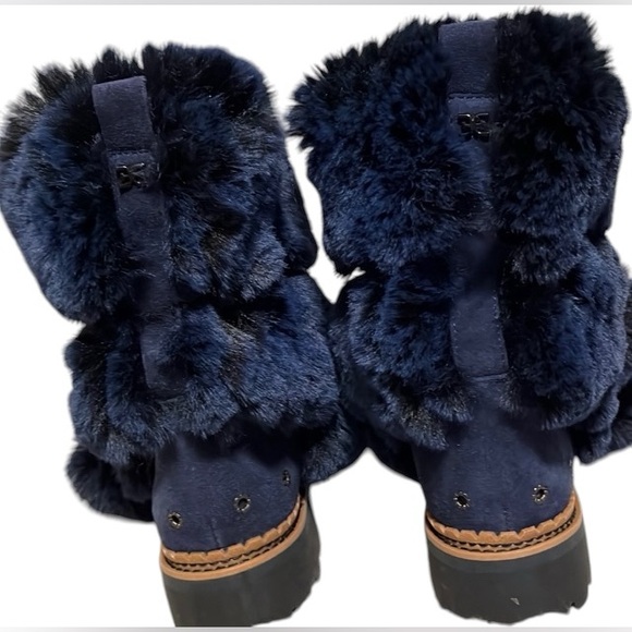 Sam Edelman faux fur winter lace up Pom boots slip on blue black fuzzy navy NWOT - Picture 7 of 9